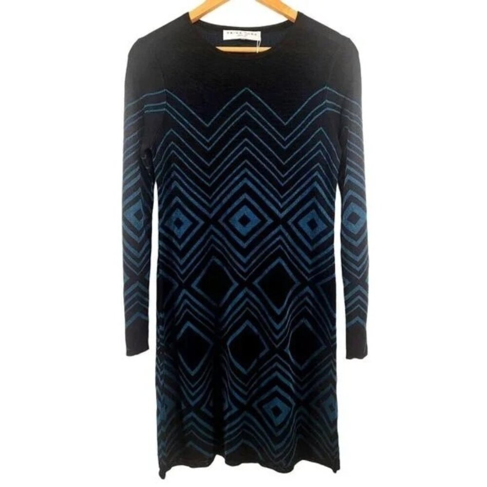 Trina‎ Turk Dress Black & Teal Chevron Pattern Medium New NWT